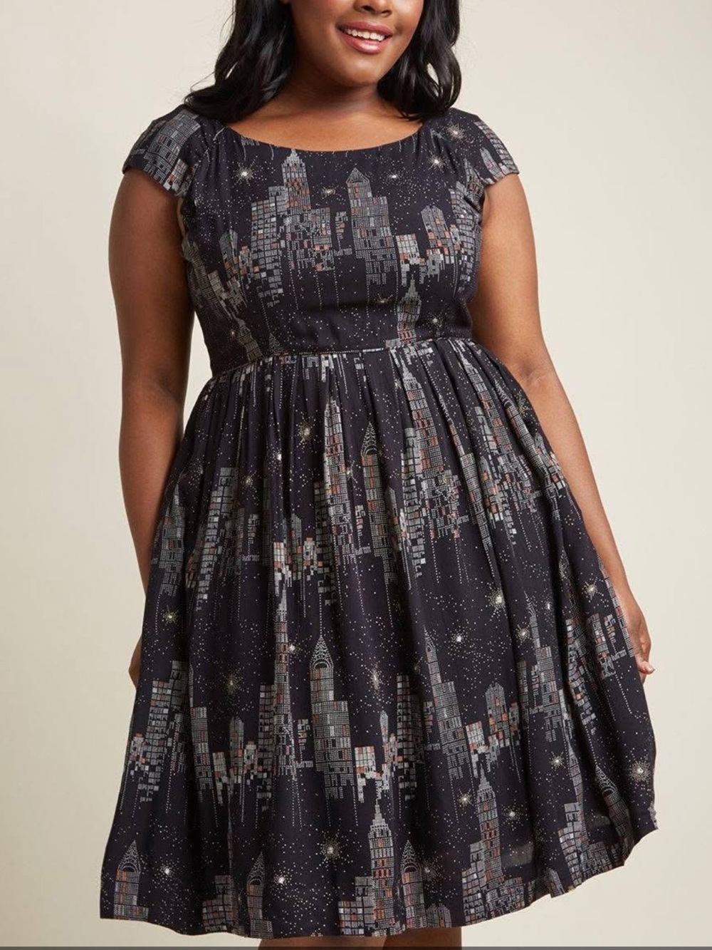 ModCloth X Emily And Fin Fit And Flare Retro New York City Skyline Midi Dress